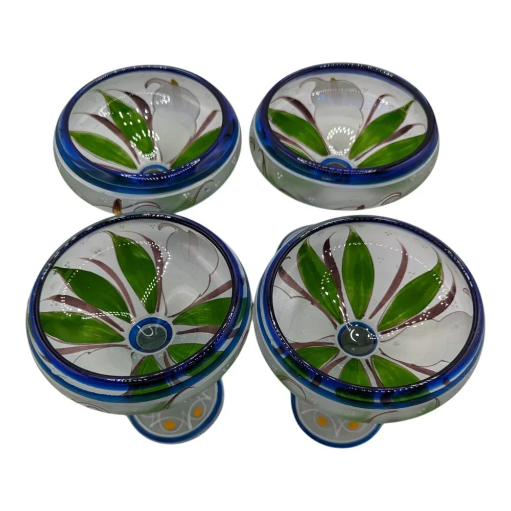 Set of 4 Hand Painted Mexican Blue Rim Margarita Glass White Calla Lilies Lily